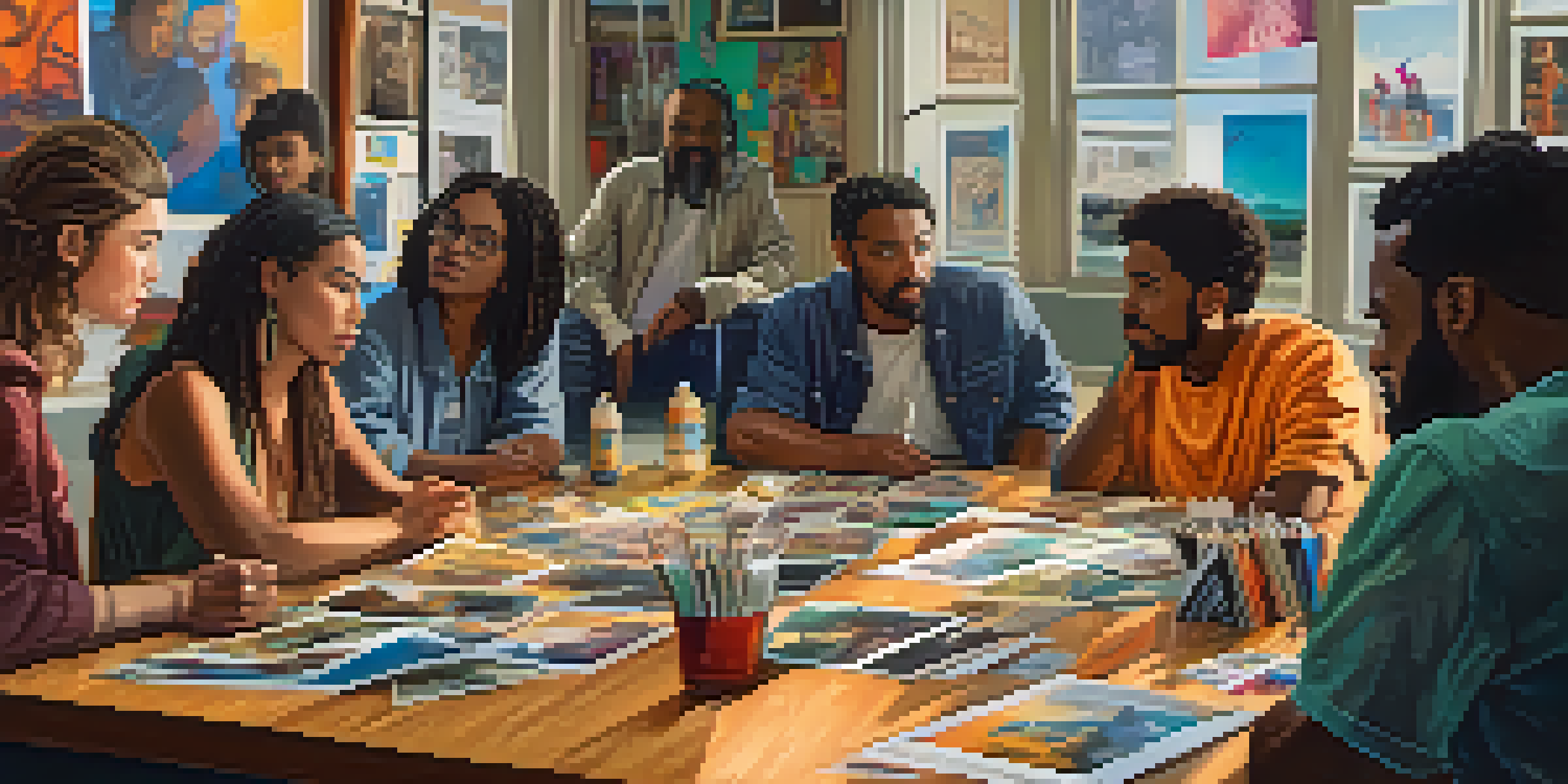 A diverse group of filmmakers collaborating at a table, with colorful posters on the walls and natural light coming through large windows.
