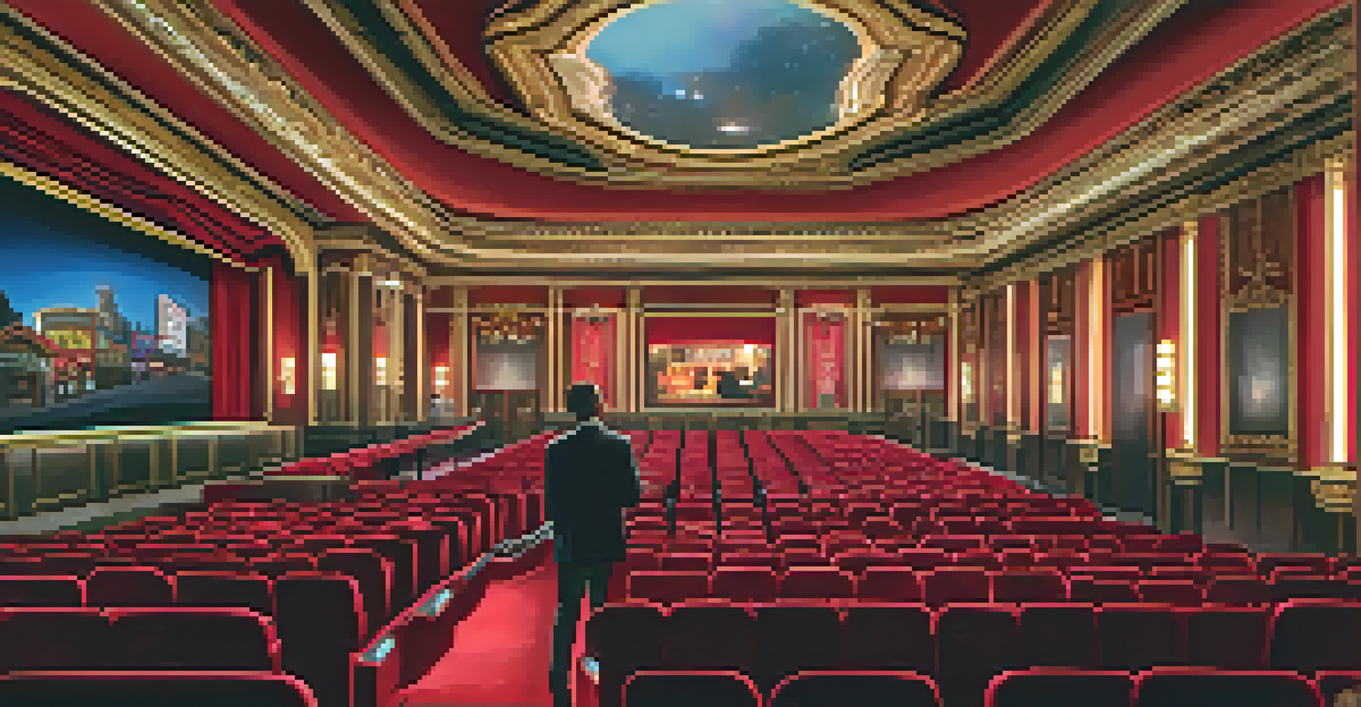 An elegant movie theater with red velvet seats, ambient lighting, and a large screen.