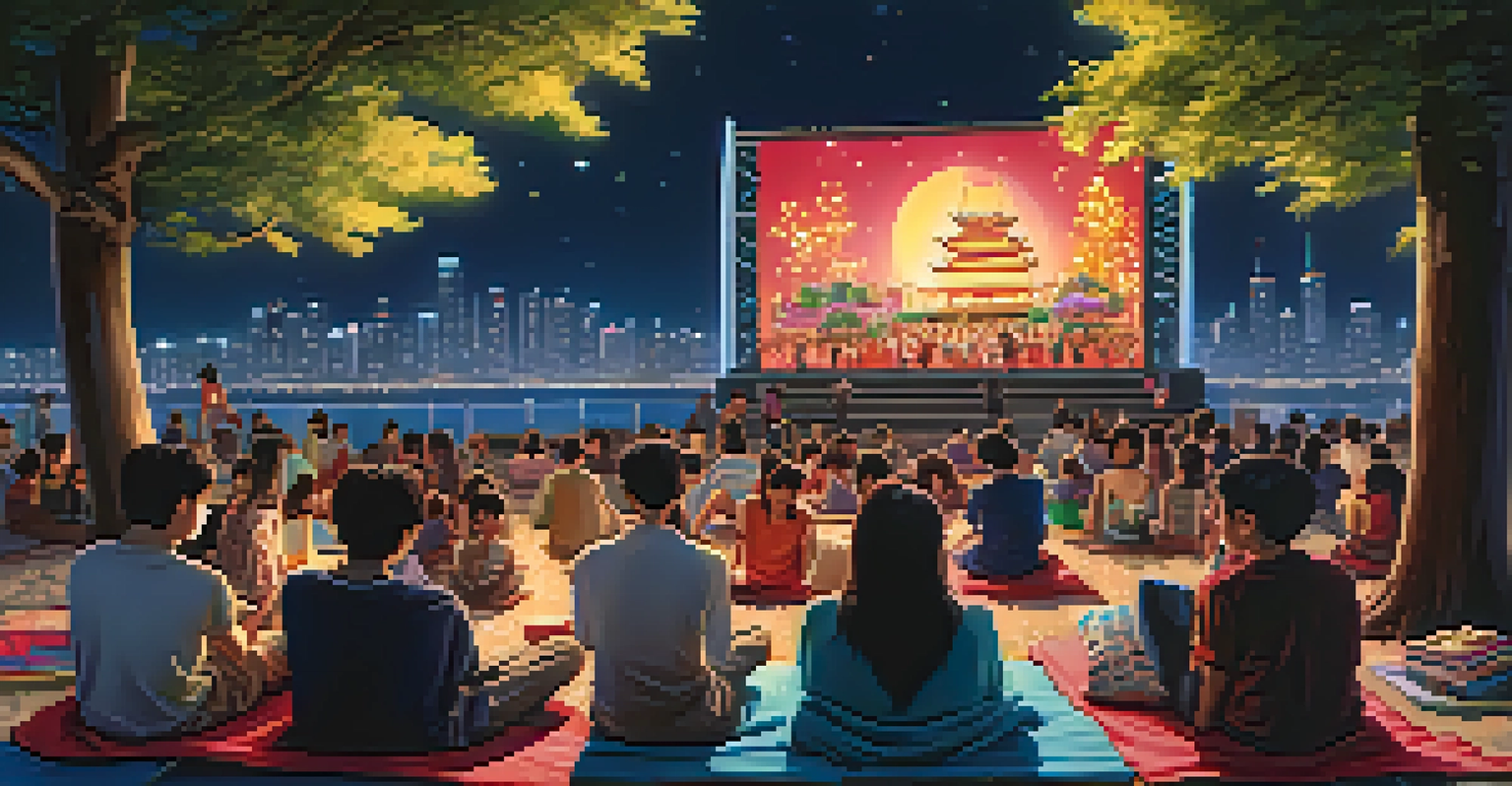An outdoor cinema showcasing a Hollywood film with a diverse audience enjoying the movie under glowing lanterns.