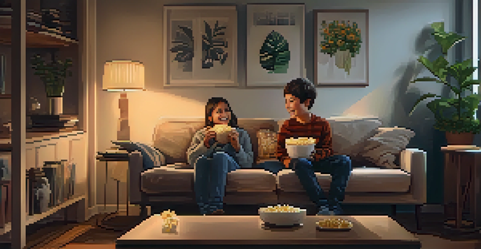 Two siblings enjoying a movie night on a sofa, surrounded by a warm and cozy living room filled with family photos.