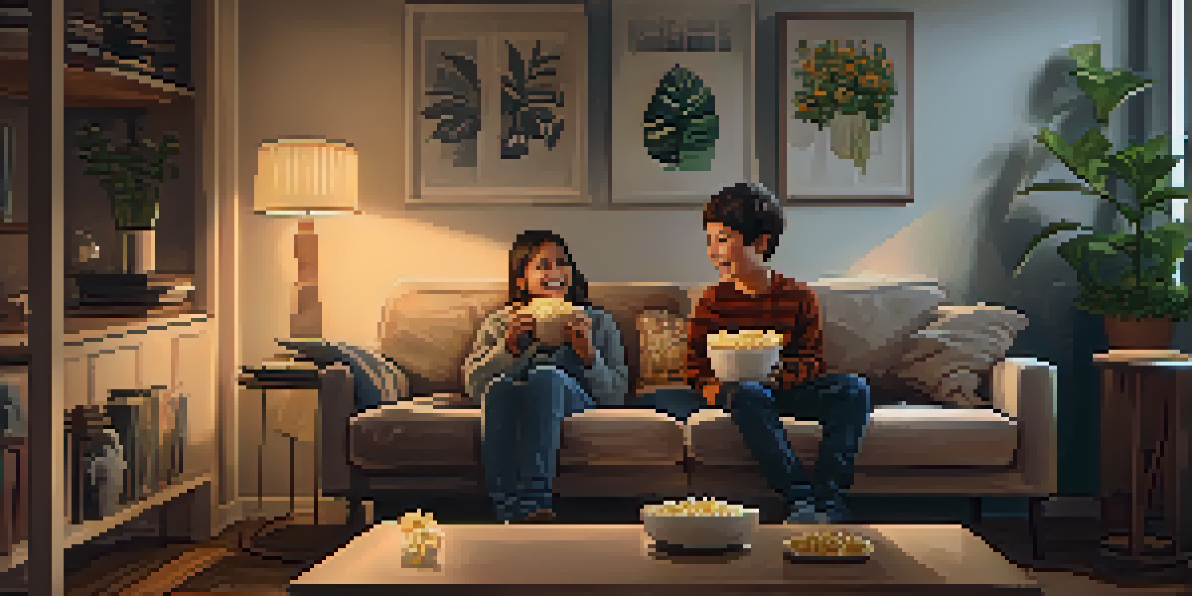 Two siblings enjoying a movie night on a sofa, surrounded by a warm and cozy living room filled with family photos.