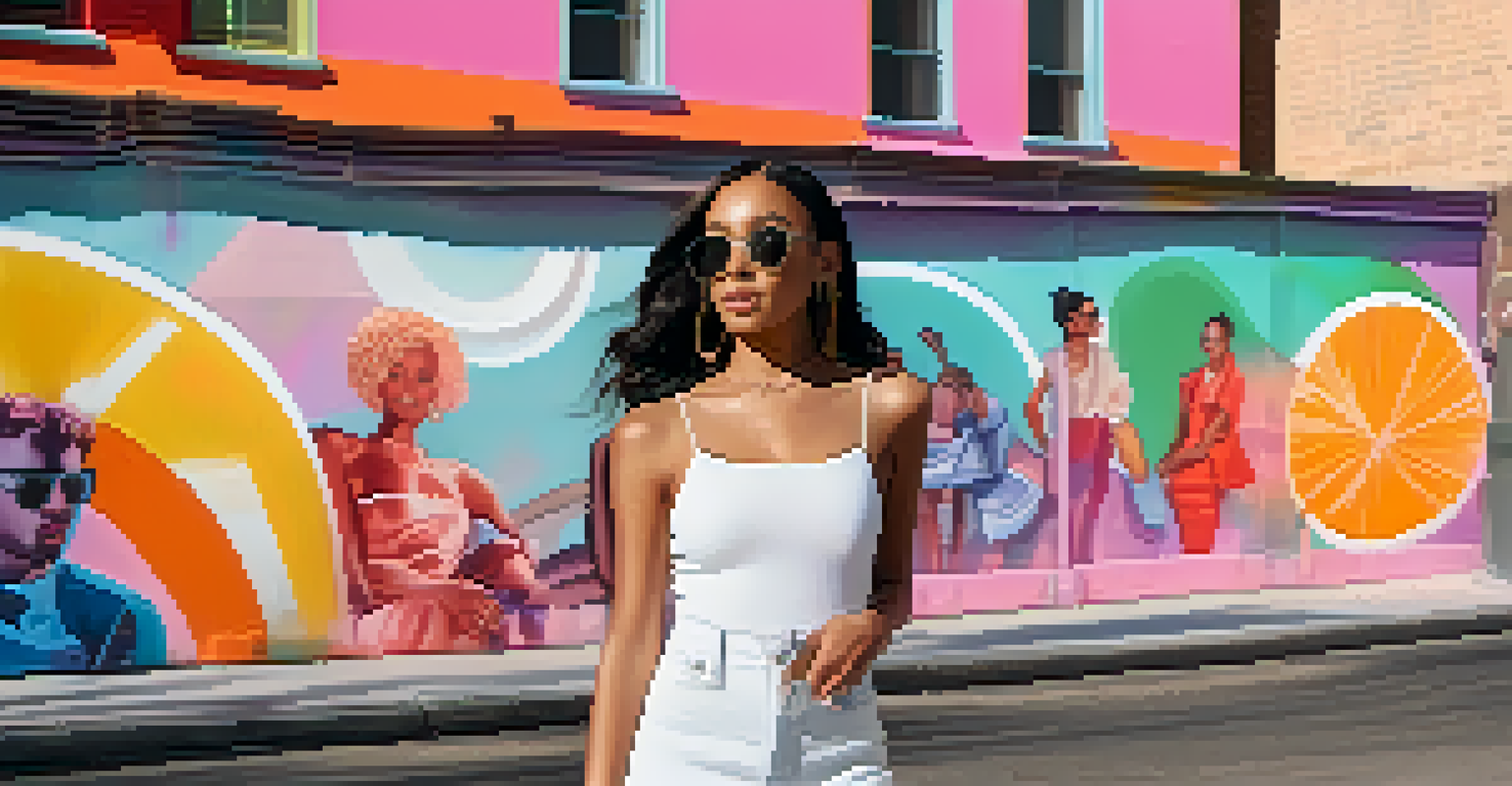 A celebrity influencer promoting a skincare product in an urban setting with colorful murals in the background.