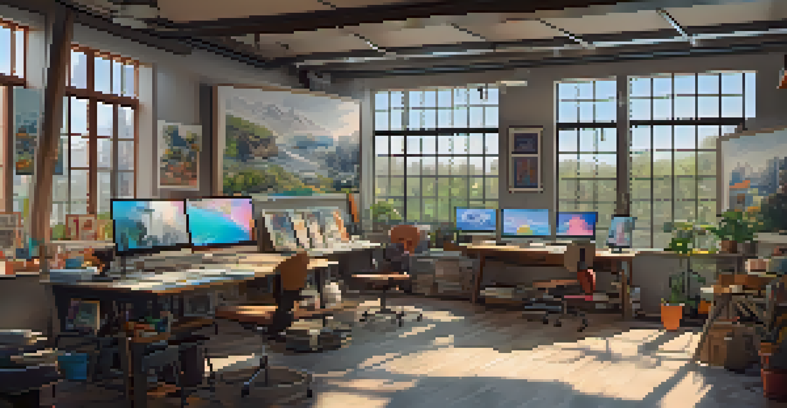 An animation studio with sketches and colorful designs, and a computer screen displaying a CGI character, illuminated by natural light.