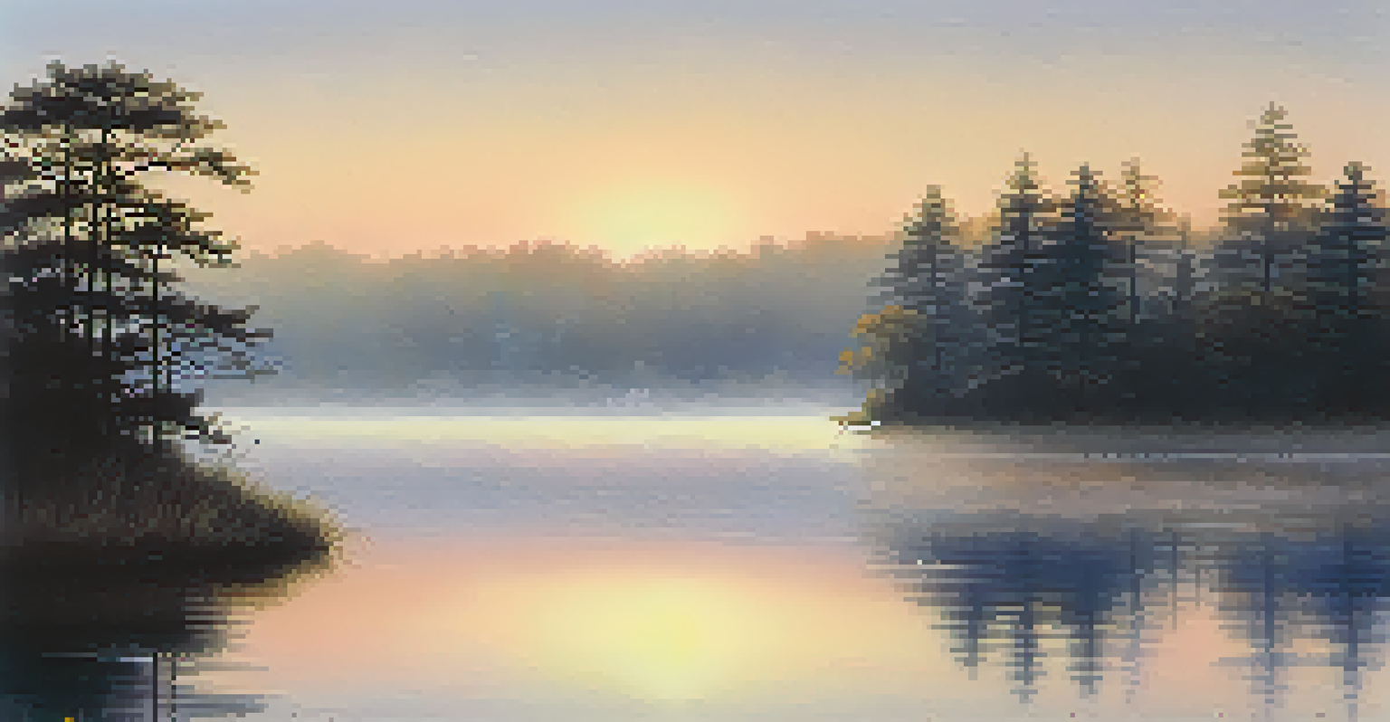 A peaceful lake at sunrise with mist rising from the water and silhouetted trees in the background.