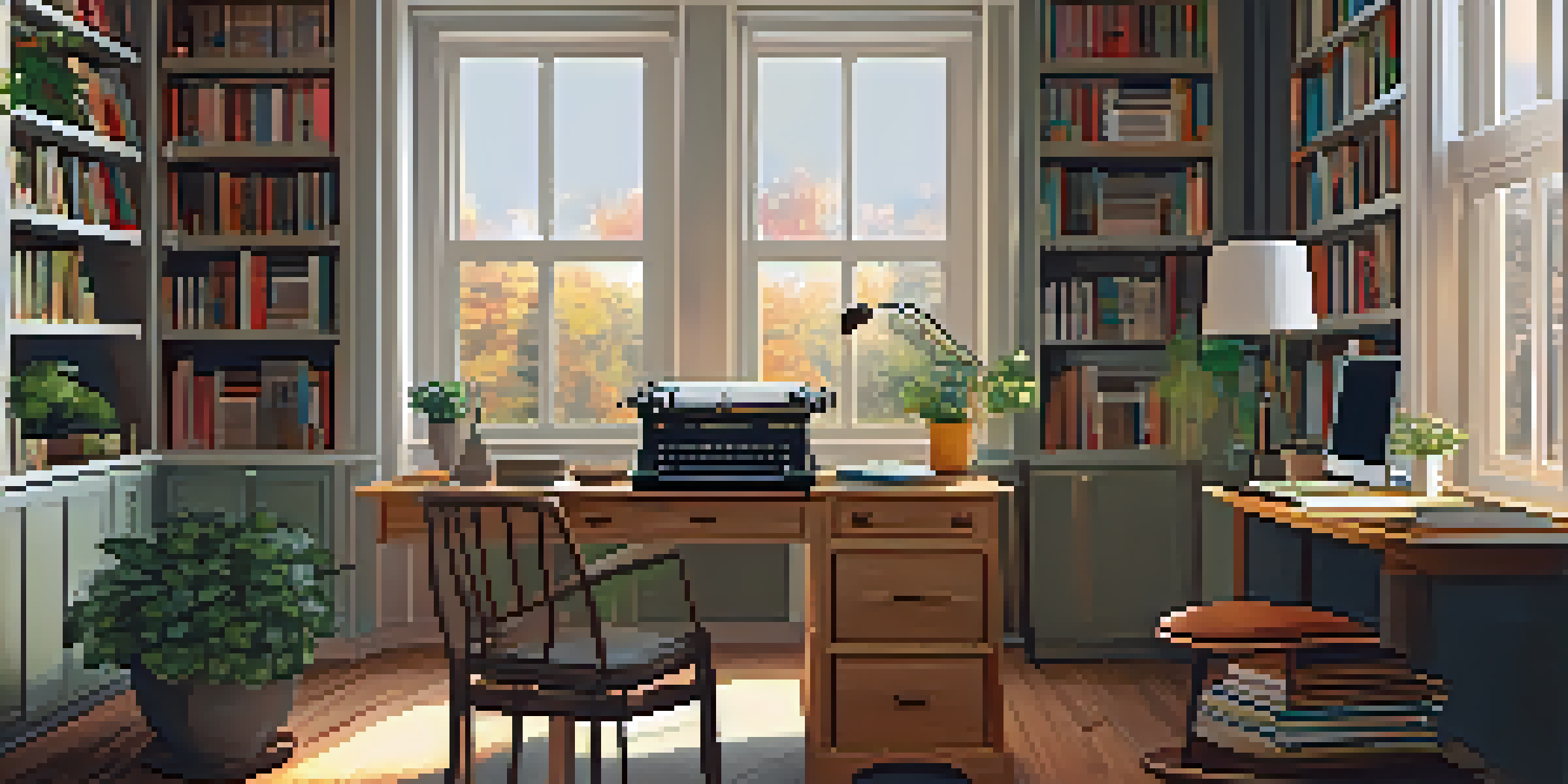 A warm and inviting home office with a vintage typewriter and modern computer on a wooden desk, illuminated by natural light from a large window.