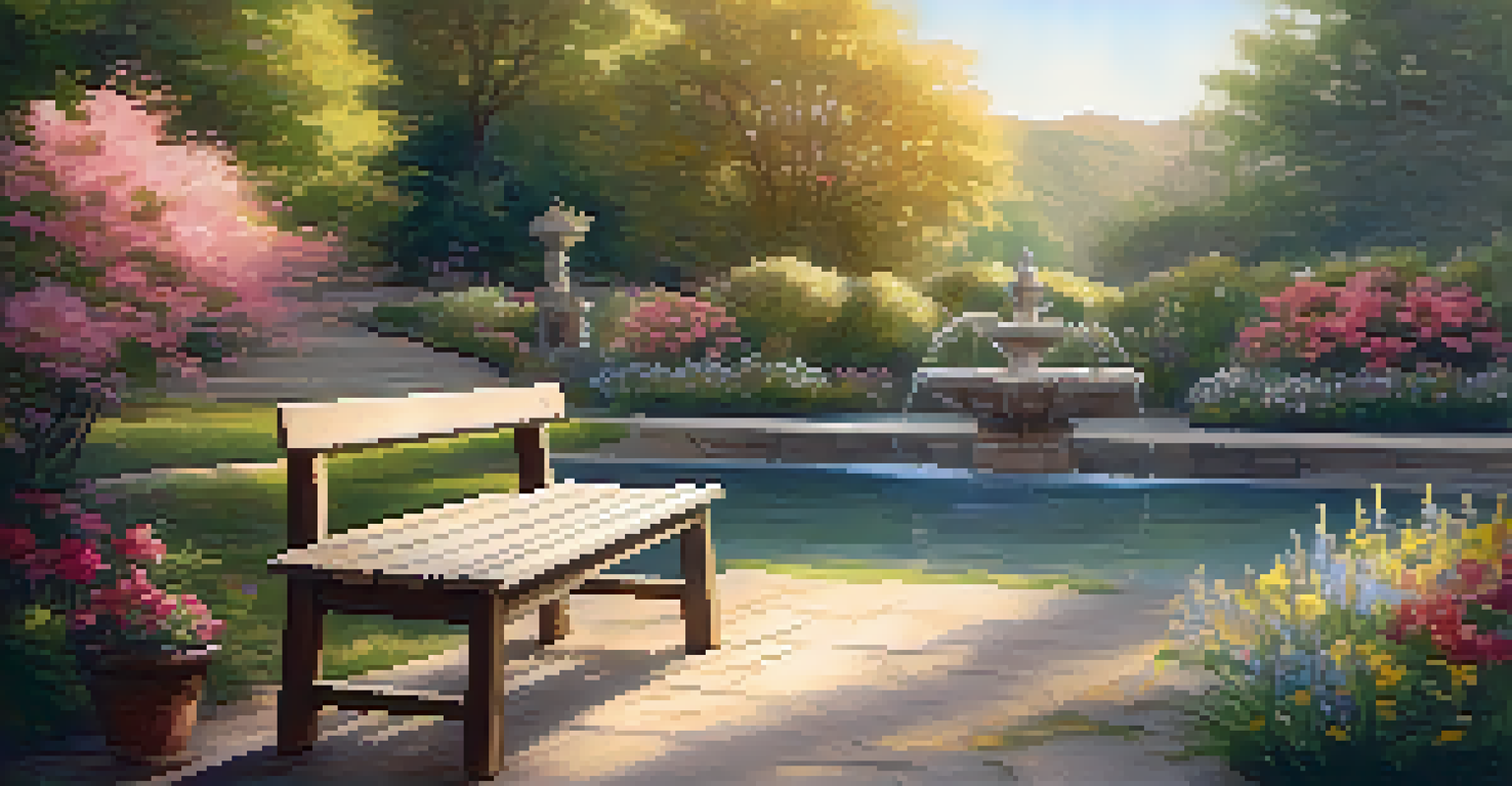 A serene garden set for a romantic film, with blooming flowers, a wooden bench, and a fountain, bathed in warm sunlight and soft pastel colors.