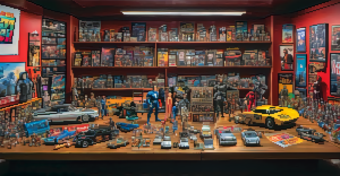 A colorful assortment of film merchandise on a wooden table with a softly lit movie theater in the background.