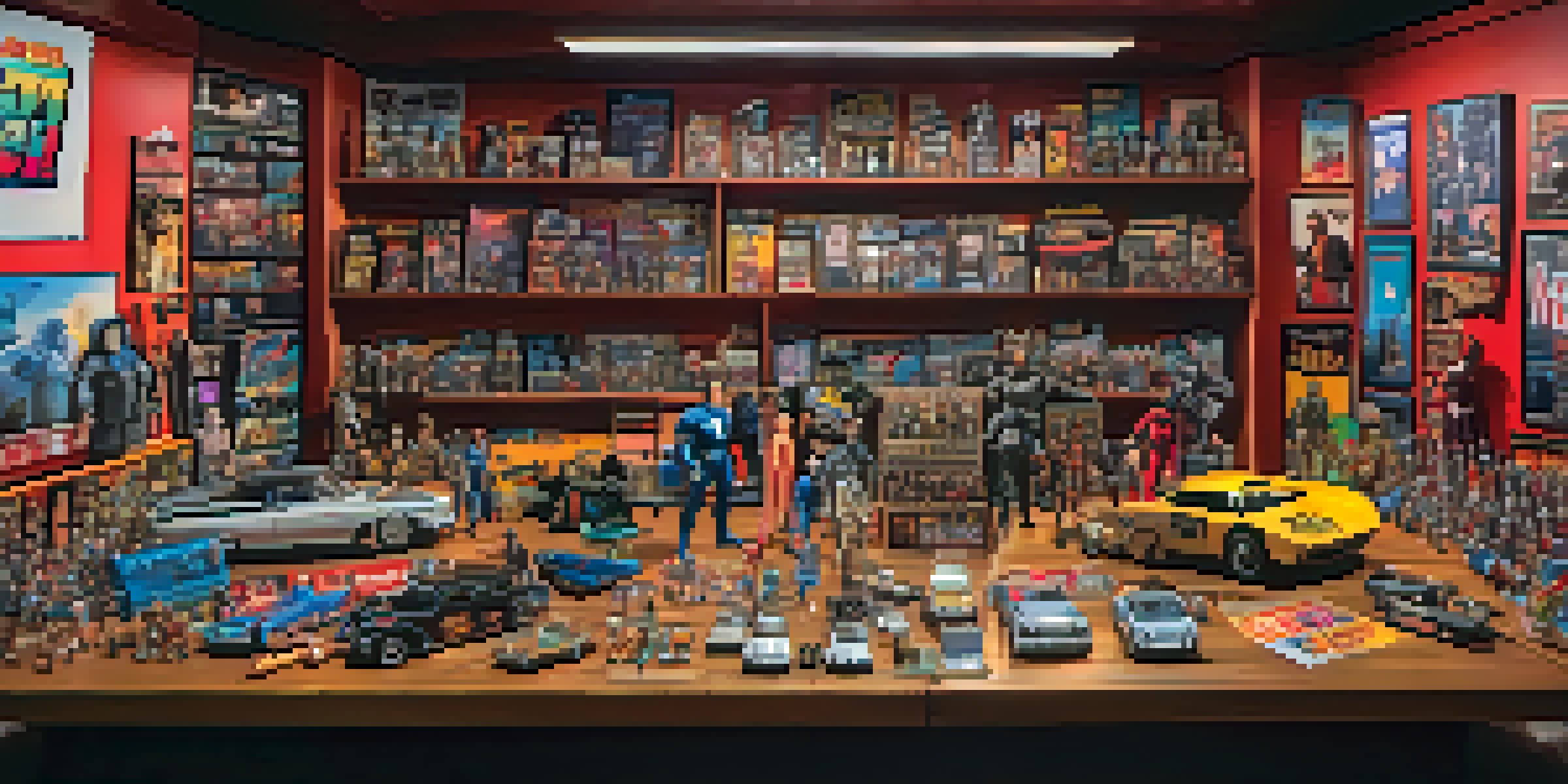 A colorful assortment of film merchandise on a wooden table with a softly lit movie theater in the background.