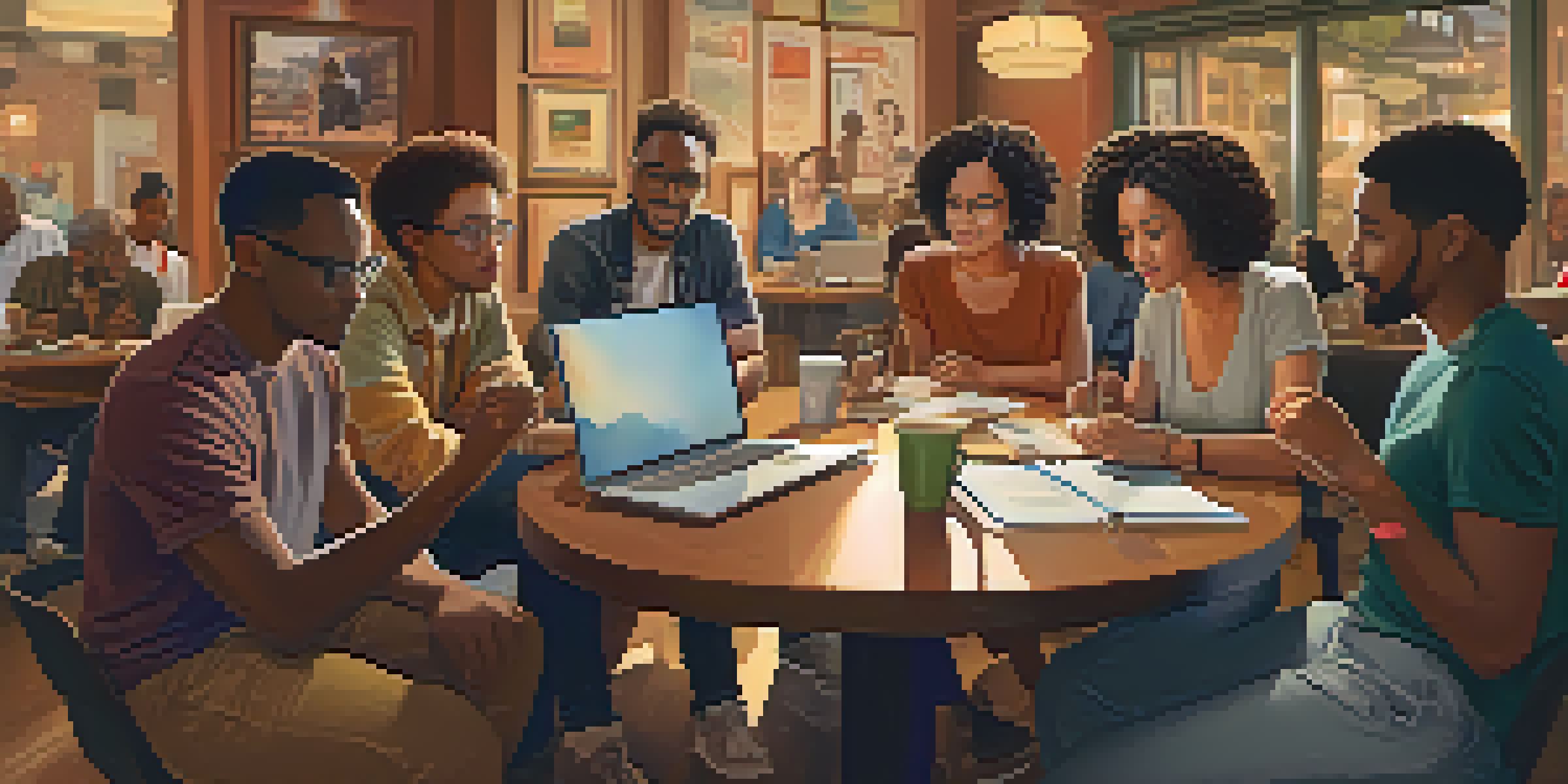 A diverse group of screenwriters brainstorming in a coffee shop, showcasing inclusivity and collaboration.