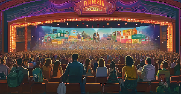 A crowded theater at a film festival with an audience watching a movie, colorful lights, and film banners.