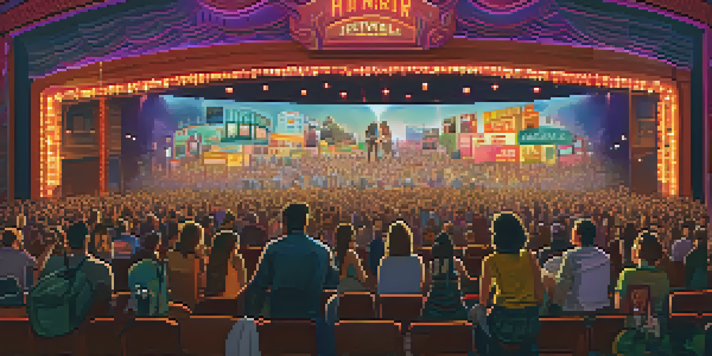 A crowded theater at a film festival with an audience watching a movie, colorful lights, and film banners.