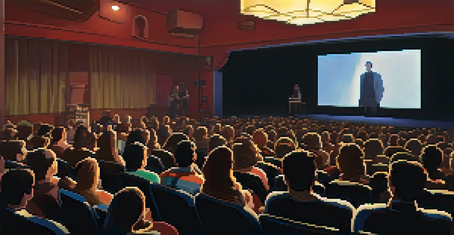 A filmmaker presenting their indie film to an engaged audience in a dimly lit screening room with a bright projector screen.