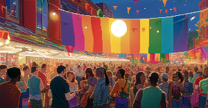 A lively film festival featuring diverse LGBTQ+ filmmakers and attendees engaging in discussions amidst colorful banners and rainbow flags.