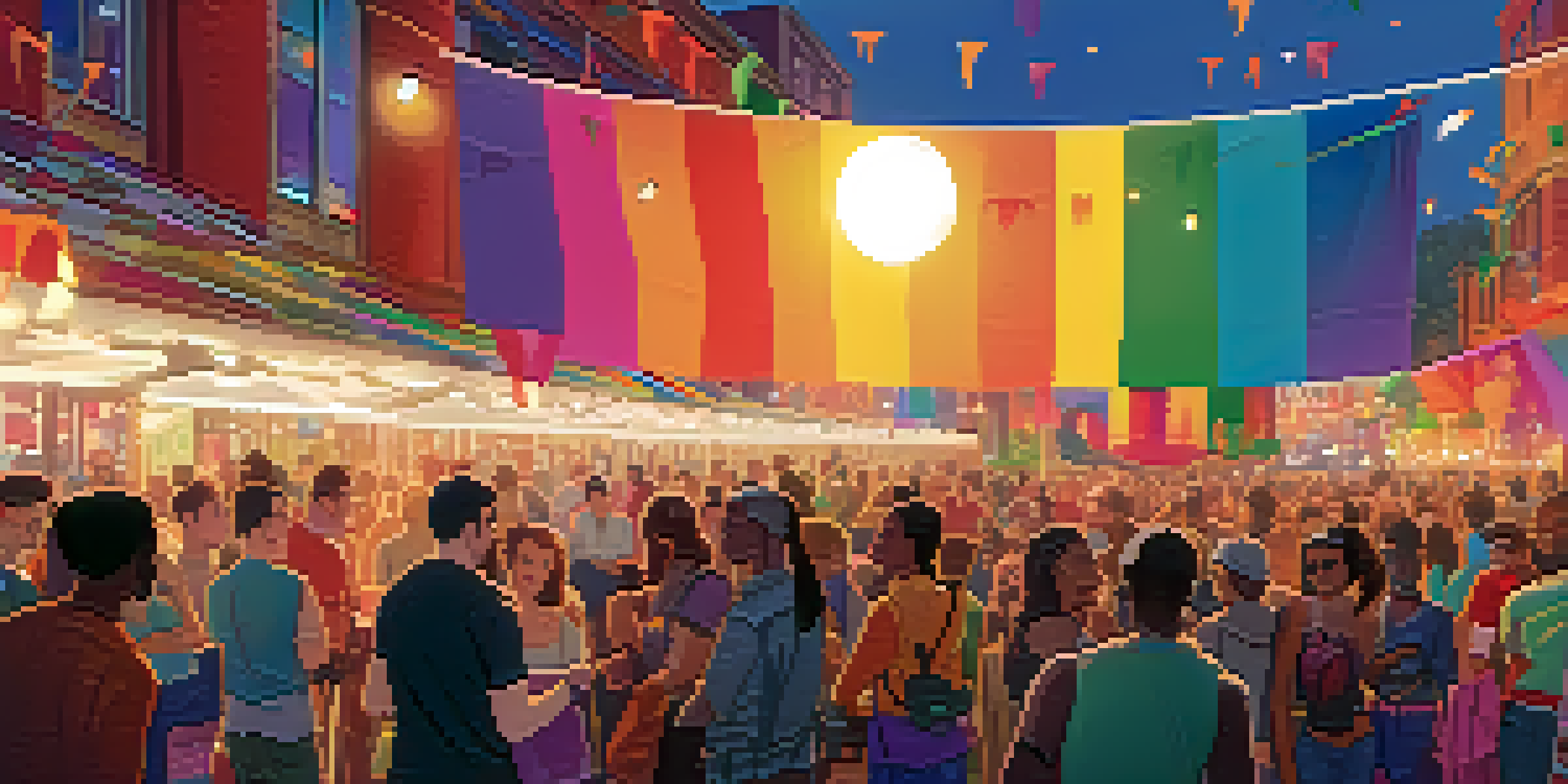 A lively film festival featuring diverse LGBTQ+ filmmakers and attendees engaging in discussions amidst colorful banners and rainbow flags.