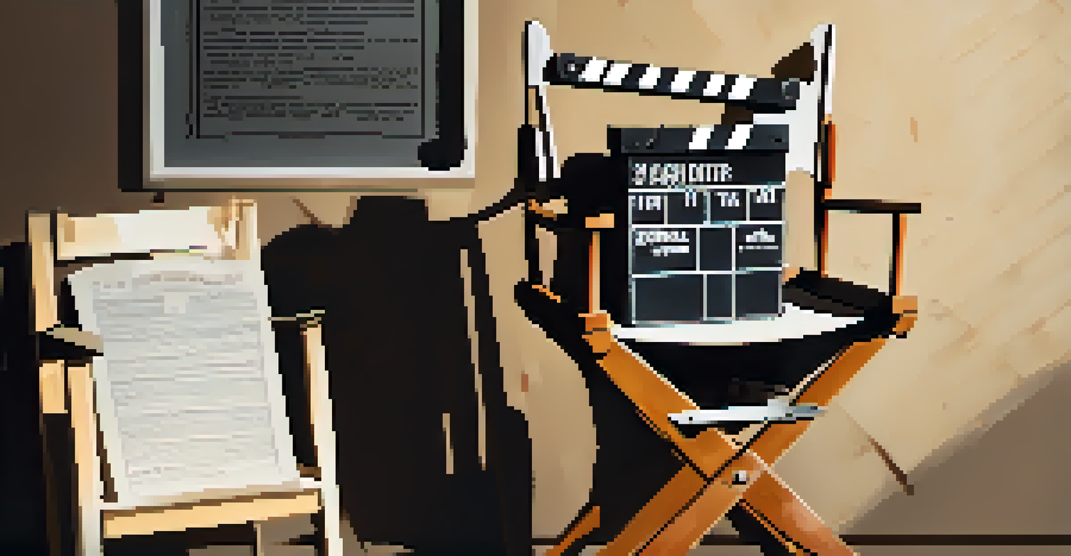 A close-up of a director's chair with a film script and clapperboard, with a vintage camera in the background, showcasing filmmaking tools.