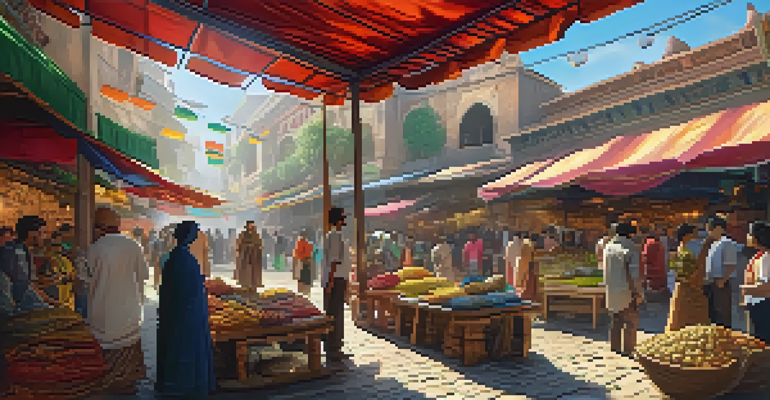 A virtual reality marketplace scene with diverse characters and vibrant colors, showing a culturally rich story.