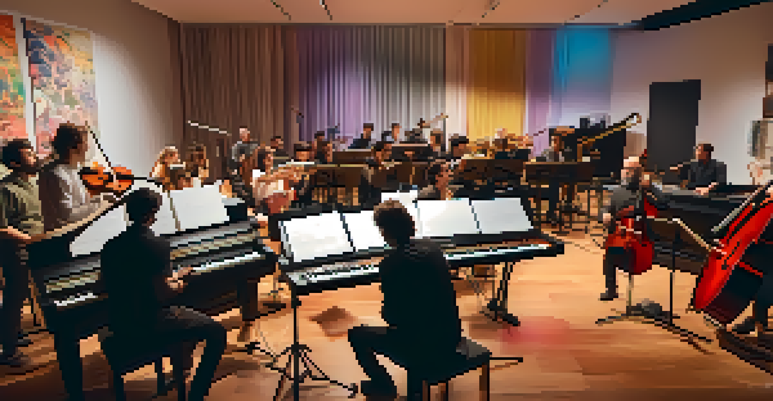 Composers and musicians collaborating in a modern studio, surrounded by sound equipment and vibrant lighting while creating a film score.