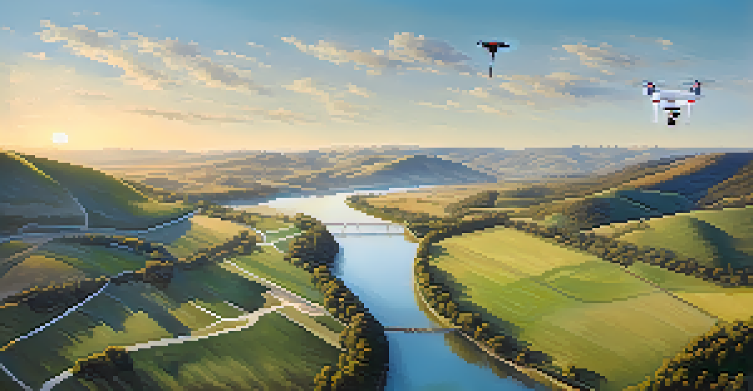An aerial view of a beautiful landscape with rolling hills and a river, captured by a modern drone in a clear sky.