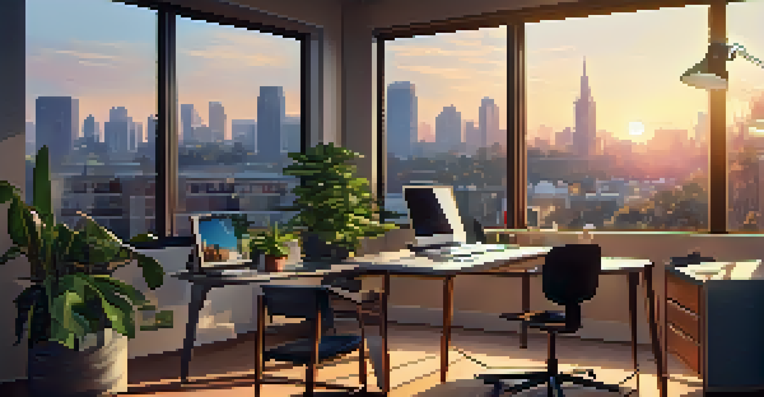 A modern workspace with a laptop, notepads, a cup of coffee, and a potted plant, illuminated by overhead lights and a sunset view of the city outside.