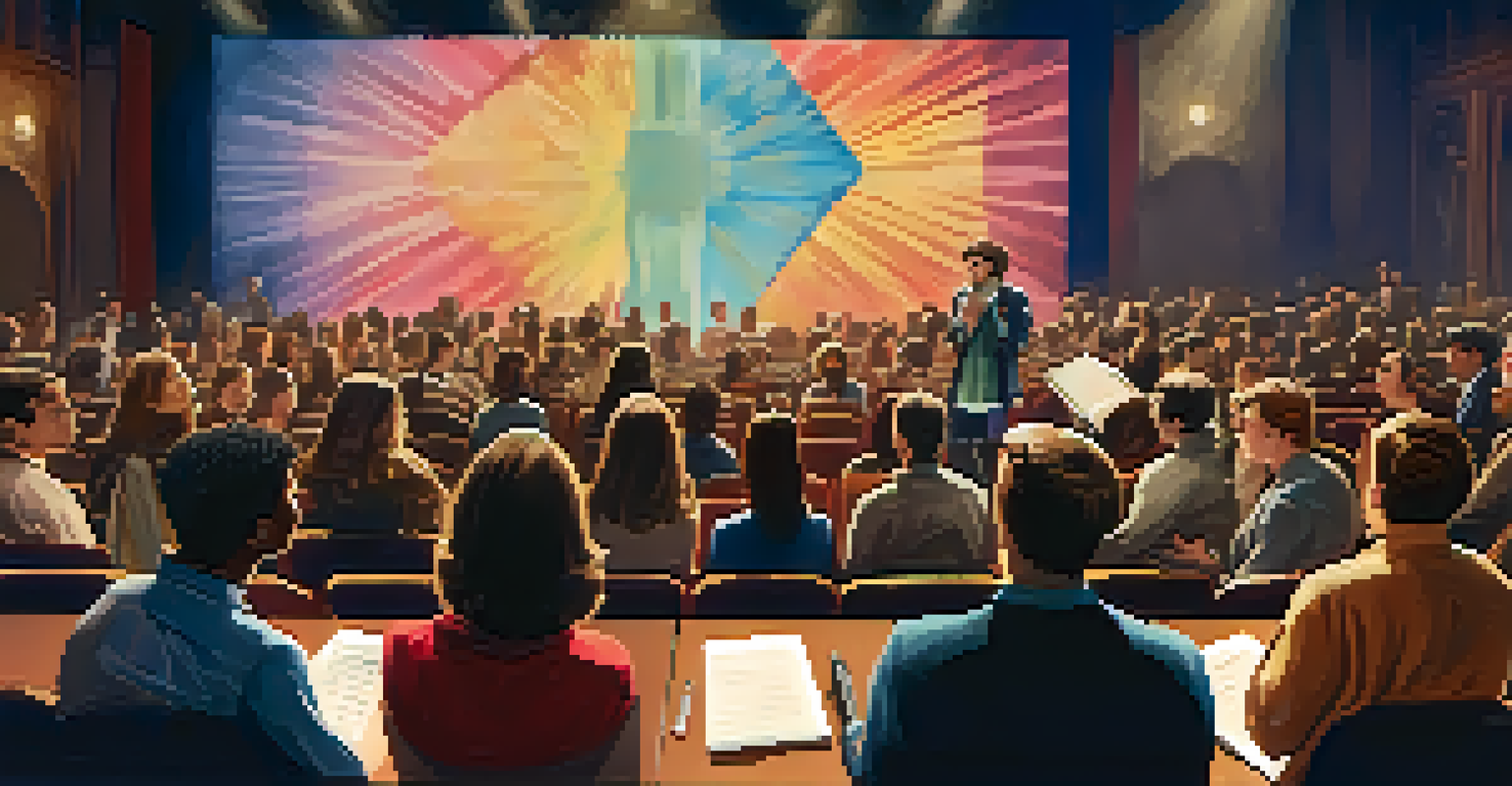 Actors auditioning on stage in a theater while a casting director observes with a clipboard.