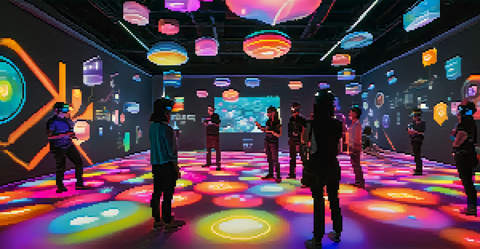 A group of people wearing VR headsets participating in an AI ethics simulation, surrounded by a vivid digital environment with floating symbols.