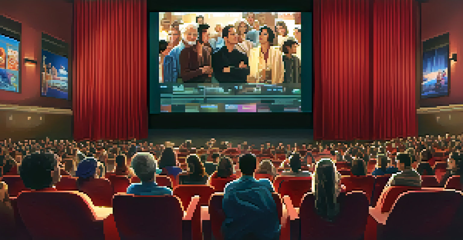 An audience in a cinema watching a montage of global films, showcasing diversity and engagement.