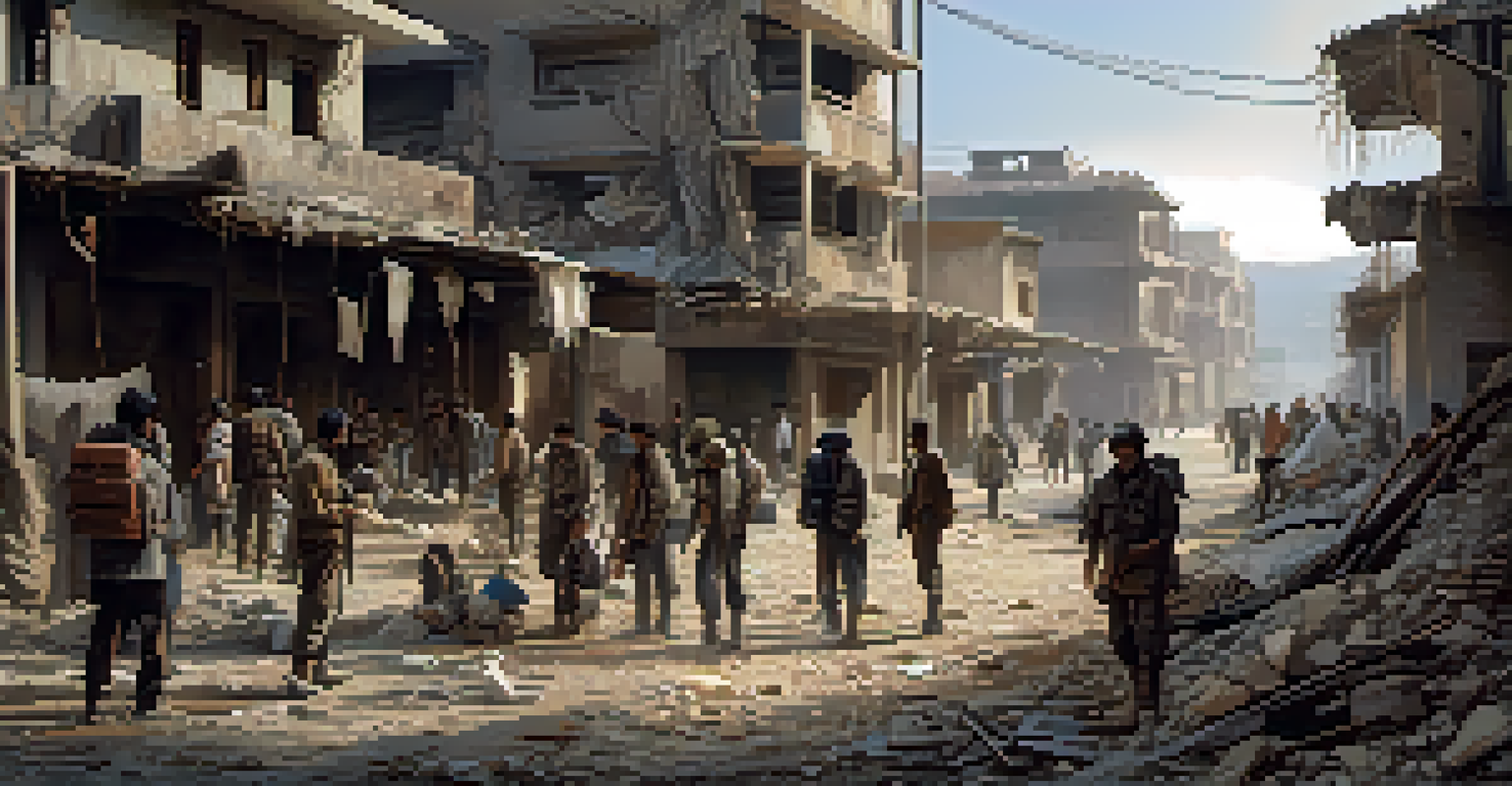 Civilians in a war-torn city, displaying resilience amidst crumbling buildings and dramatic lighting.