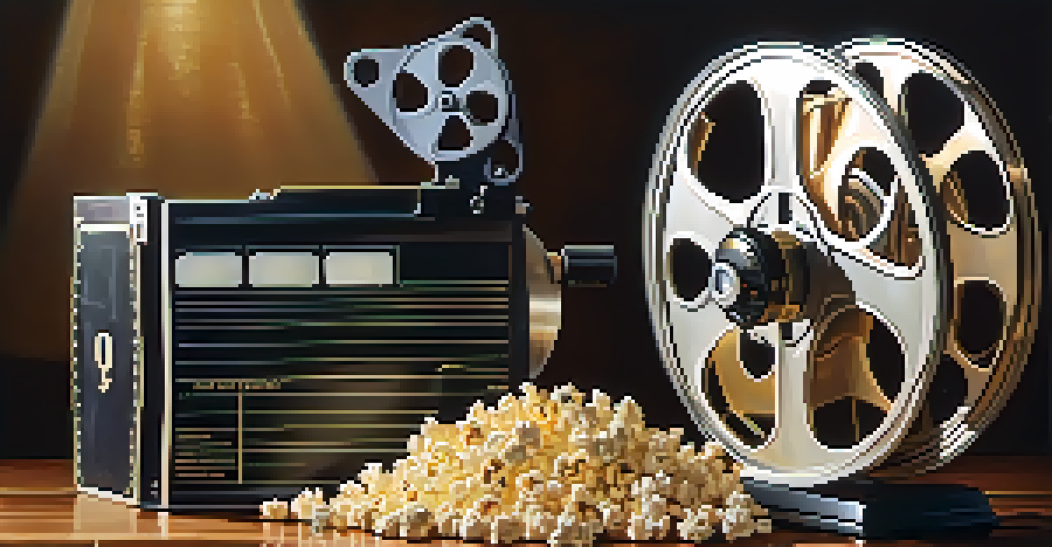 A close-up of a classic film reel and popcorn on a wooden table, illuminated by warm lamp light.