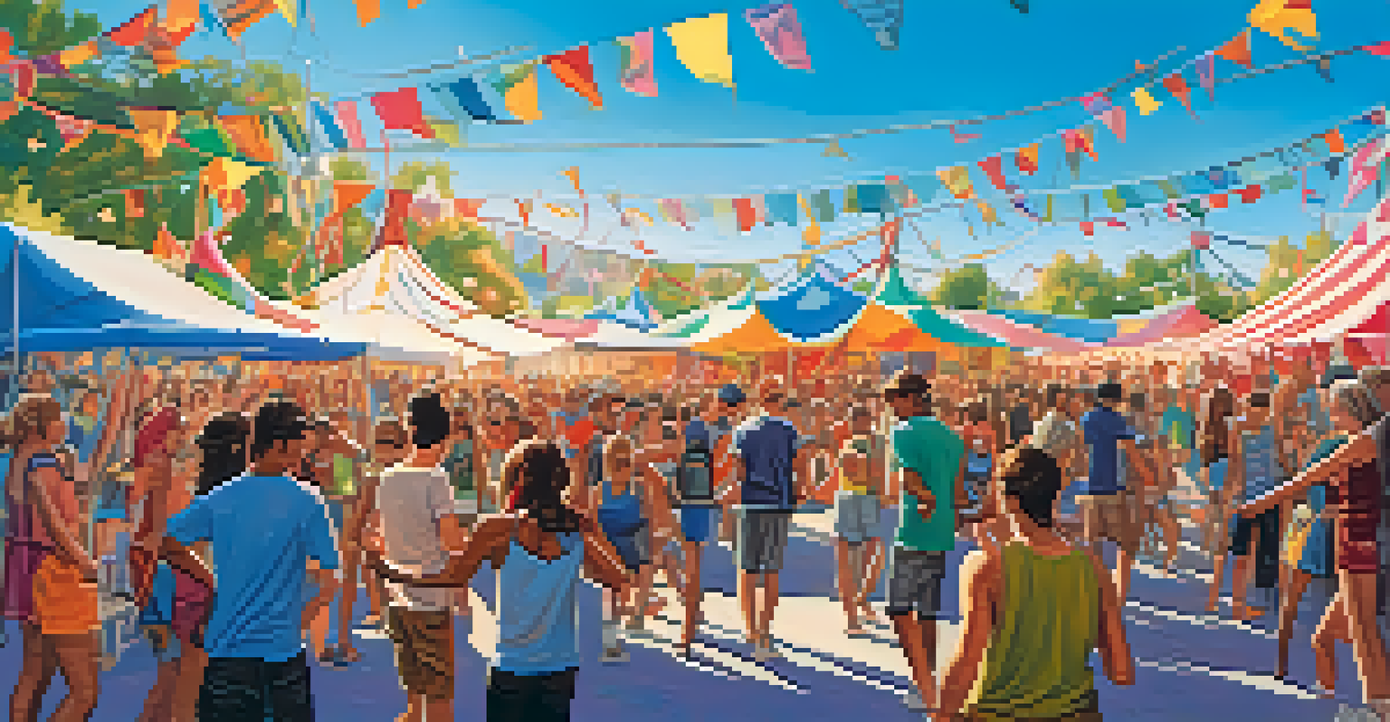 An outdoor festival filled with diverse youth celebrating together, with colorful tents, vibrant decorations, and young people dancing under a clear blue sky.