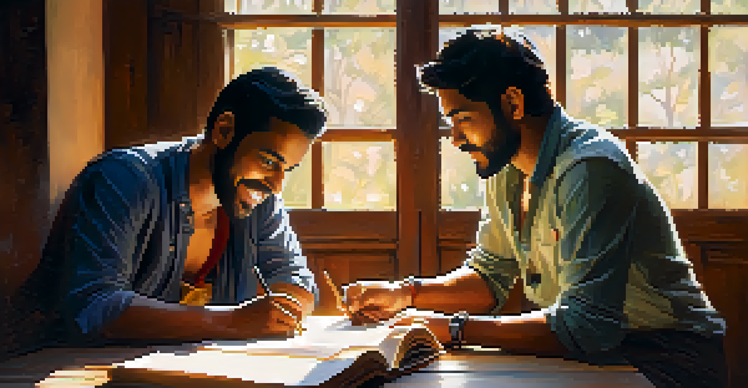 Two filmmakers from different cultures working together on a script at a wooden table, surrounded by notes.