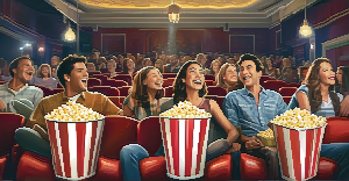 A community gathering at a local film theater where people are enjoying a movie, with warm lighting and vintage decor.