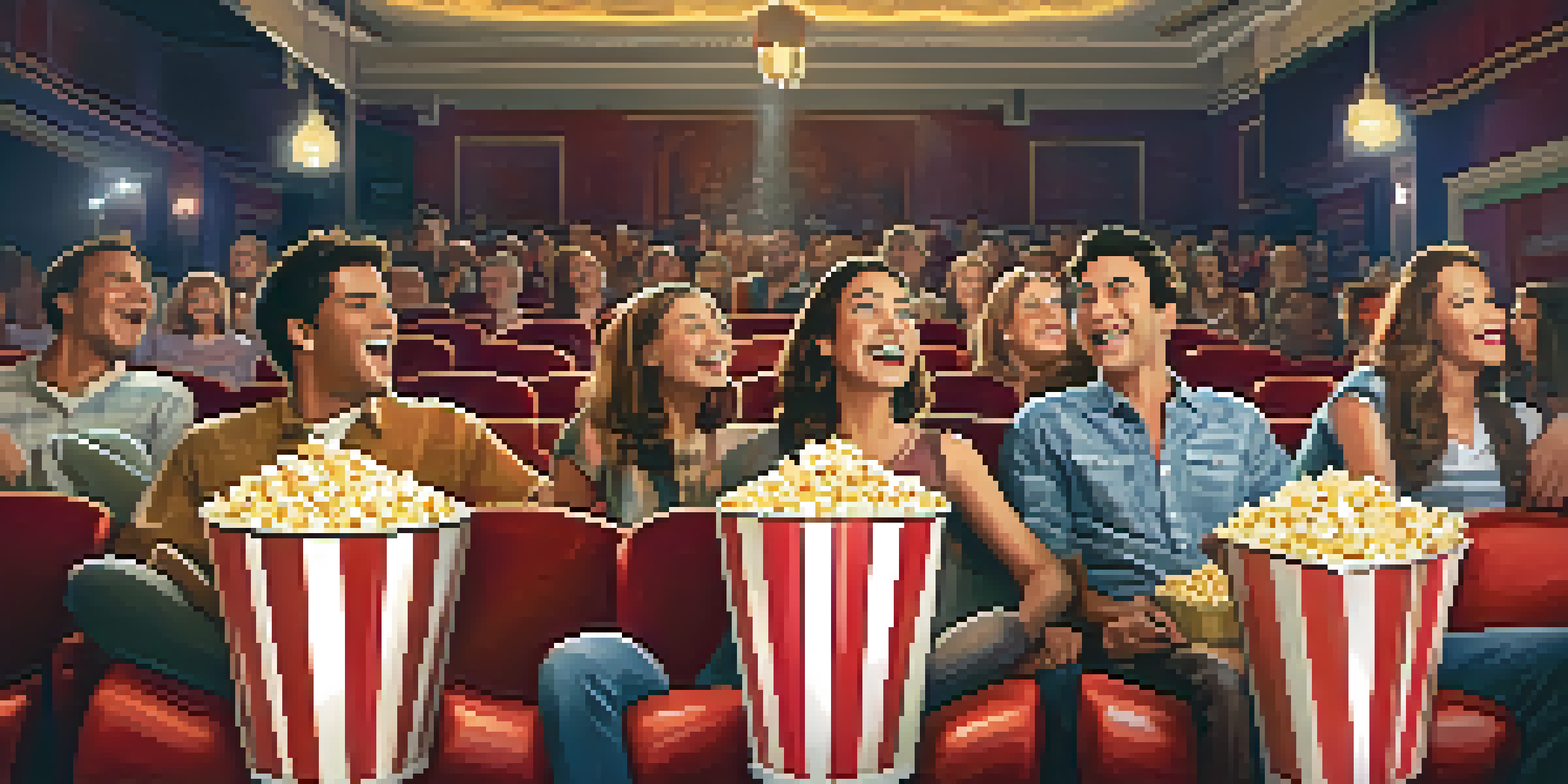 A community gathering at a local film theater where people are enjoying a movie, with warm lighting and vintage decor.
