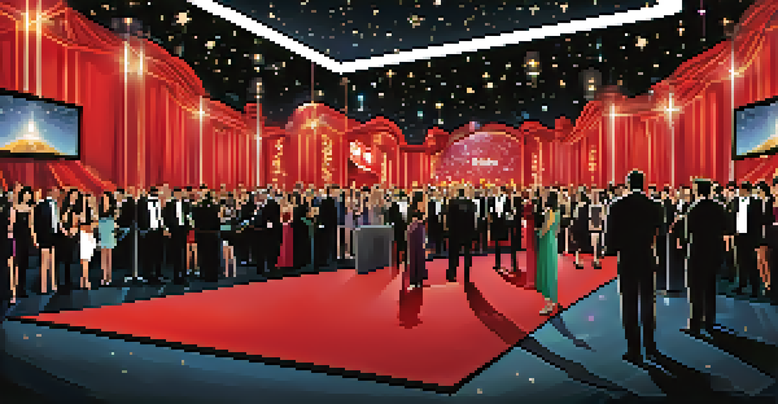 Fans on a red carpet at a movie trailer premiere, capturing the moment with smartphones, with a large screen showing a film teaser.