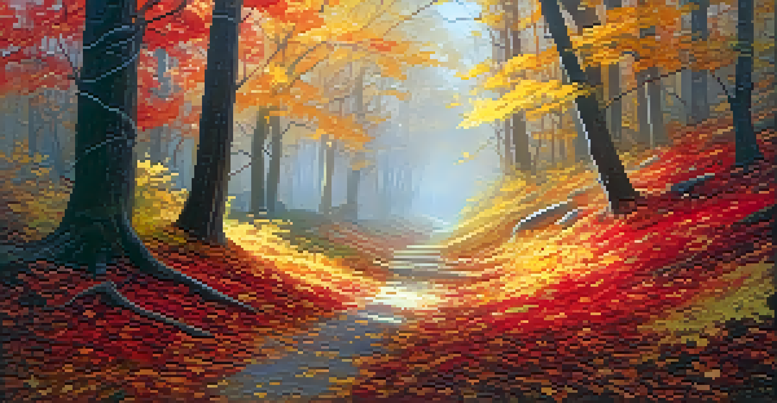 A beautiful autumn forest with colorful trees and a winding path covered in leaves.