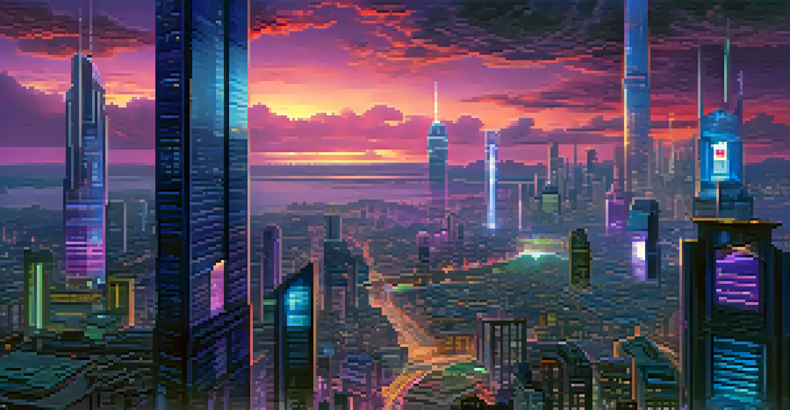 A vibrant futuristic cityscape at dusk with neon lights and flying vehicles in an indigo sky.