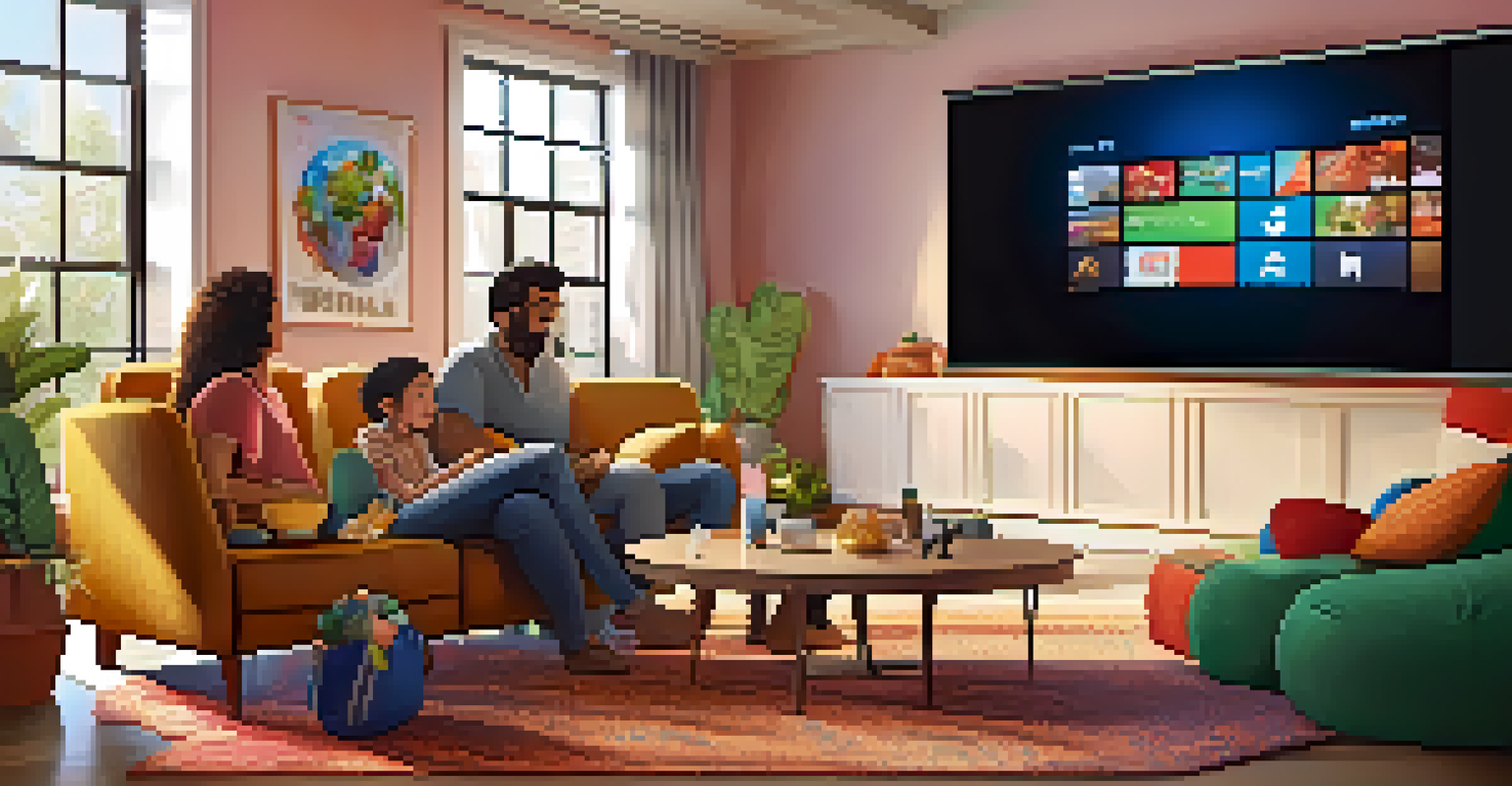 A warm home theater with a diverse family watching an animated international film on a large screen, with popcorn on the table.