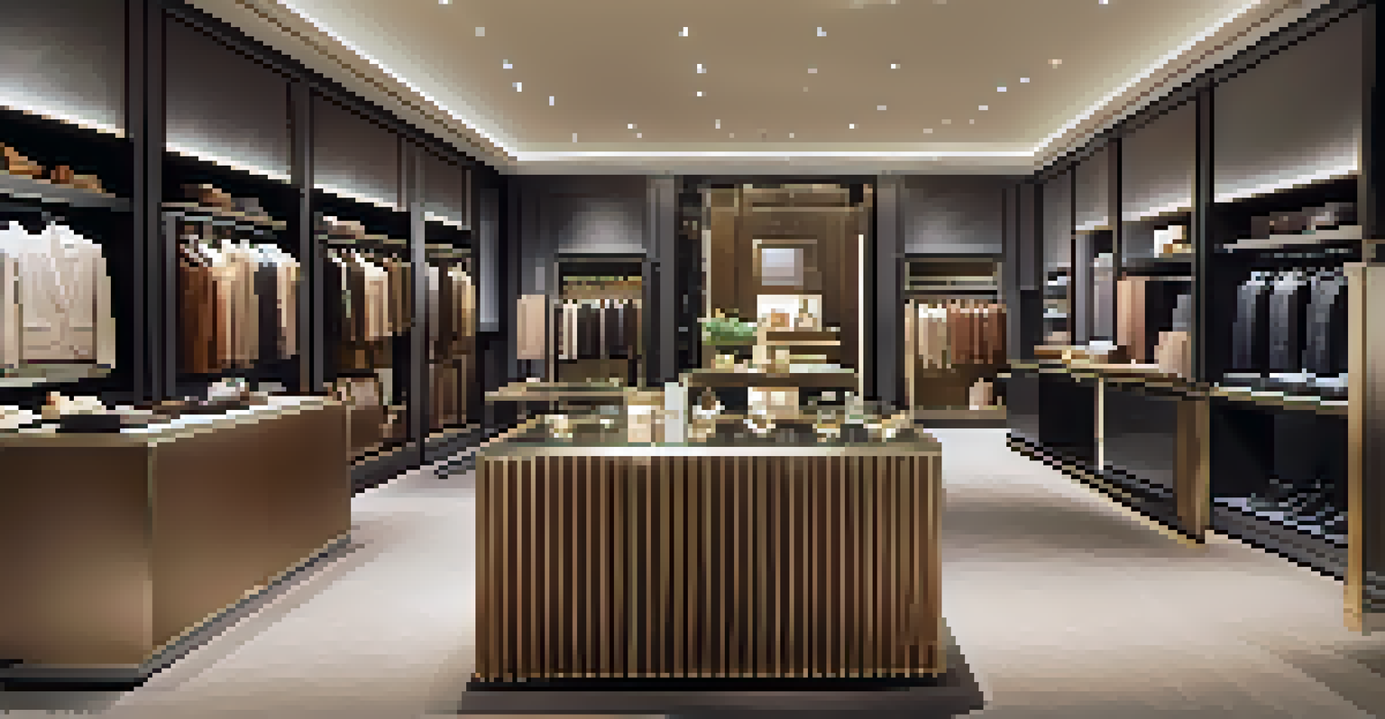 The interior of an elegant luxury brand store, featuring high-end products displayed under soft lighting in a warm and sophisticated atmosphere.
