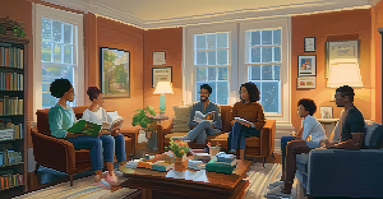 A family gathered in a cozy living room, discussing a book with LGBTQ+ characters, surrounded by bookshelves and warm lighting.