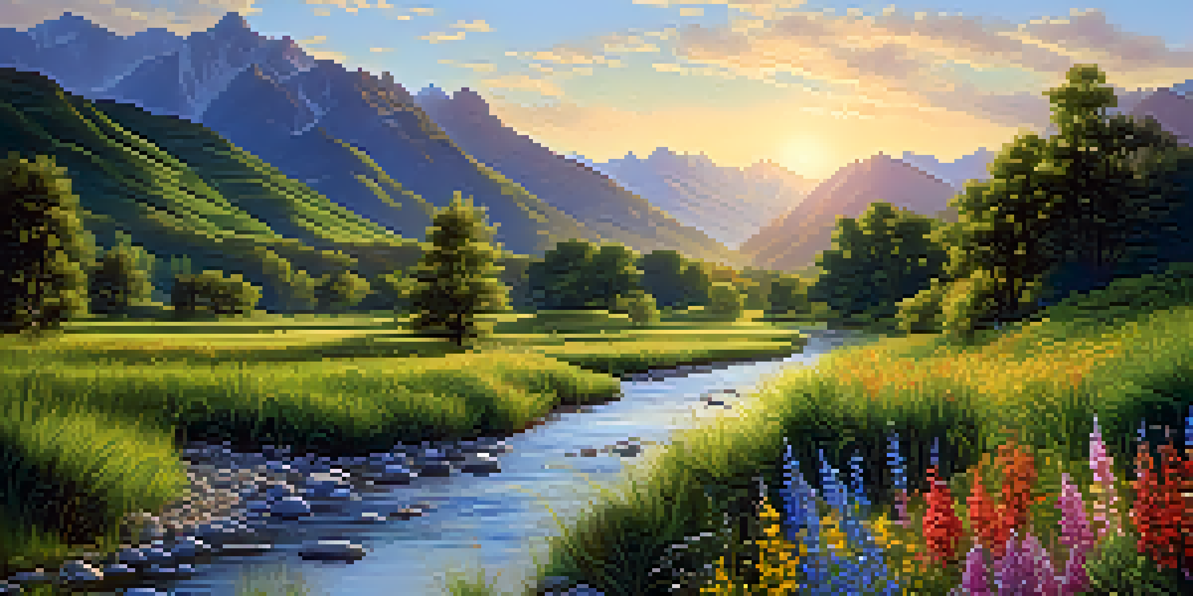 A vibrant green valley with mountains in the background and a river flowing through it, adorned with blooming wildflowers.