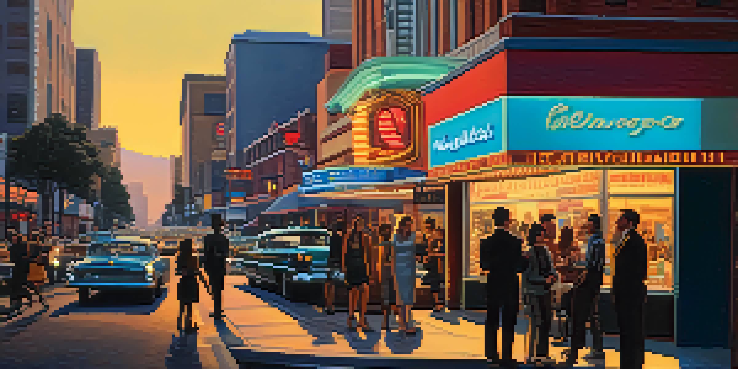 A vibrant Hollywood street scene at sunset with diverse people and neon theater lights, highlighting the evolution of storytelling.