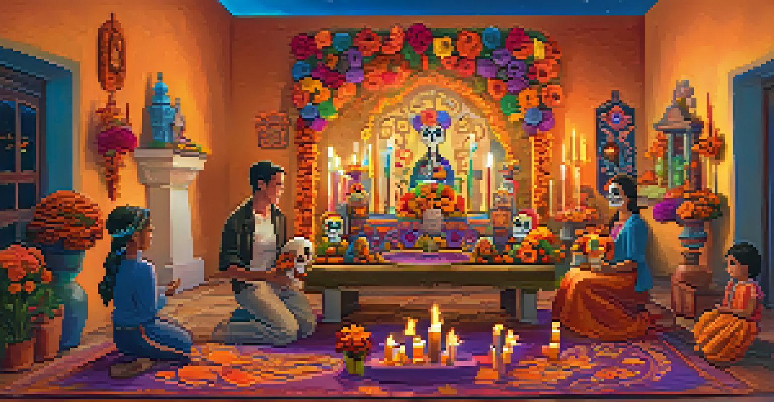 A family celebrating Día de los Muertos with an altar, colorful decorations, and storytelling.