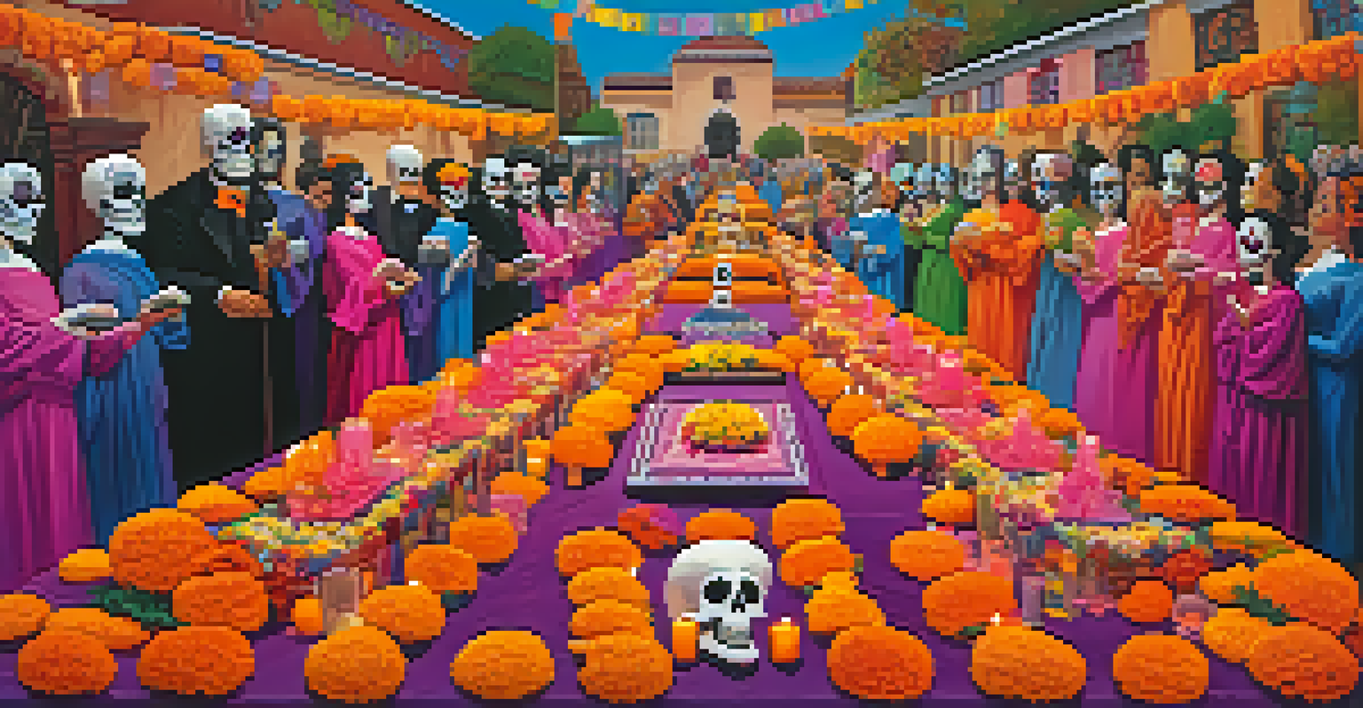 A lively Day of the Dead celebration with colorful altars and families gathered together.