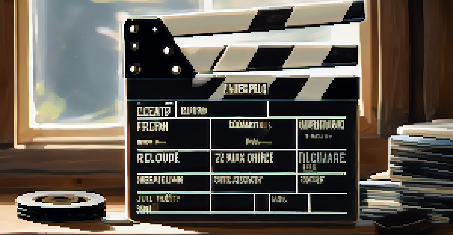 A close-up of a film slate on a wooden table, surrounded by film reels and clapperboards, illuminated by natural light.