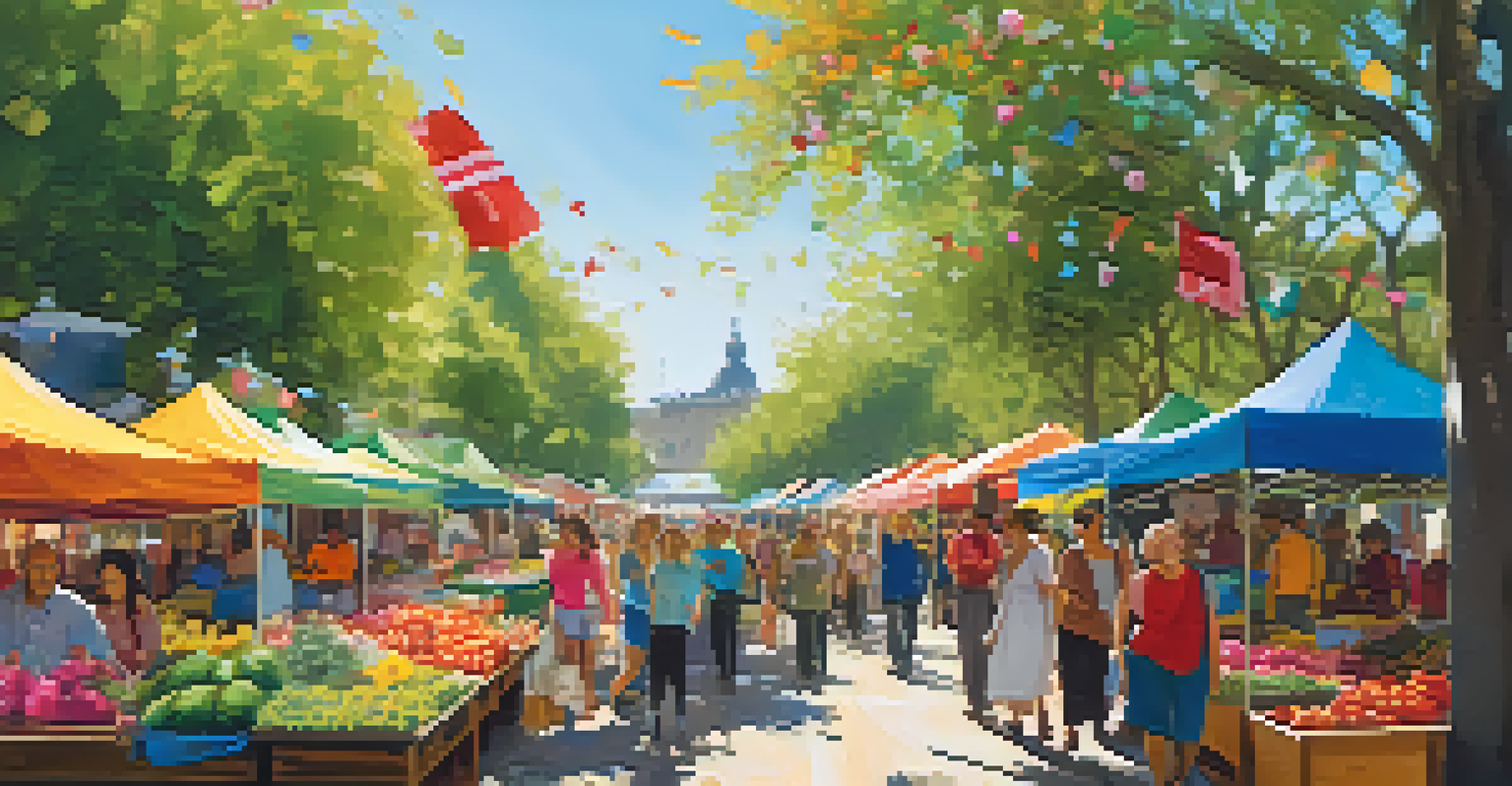 A lively outdoor market with colorful stalls and diverse people engaging in shopping and conversation.