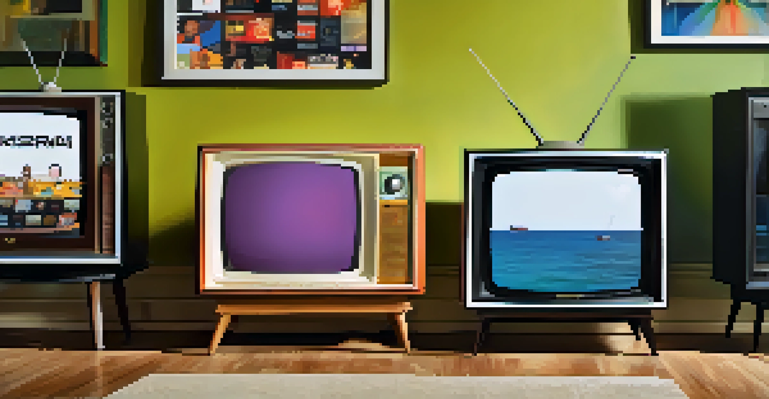 A creative timeline showing the evolution of television with images of vintage TVs and modern devices, illustrating Emmy-winning shows.