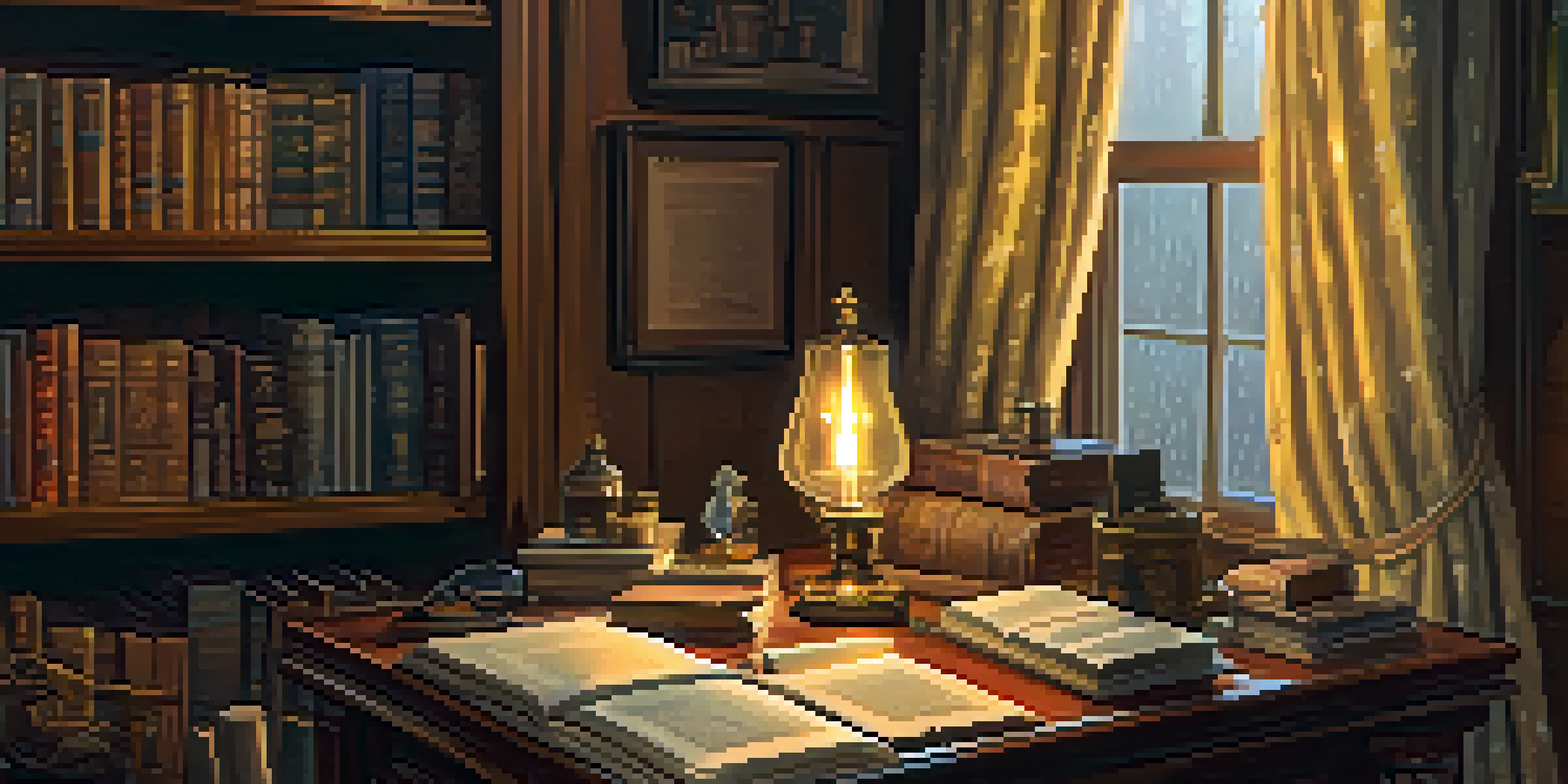 A warm and cozy Victorian study with books, artifacts, and a vintage lamp, showing a rainy day outside.