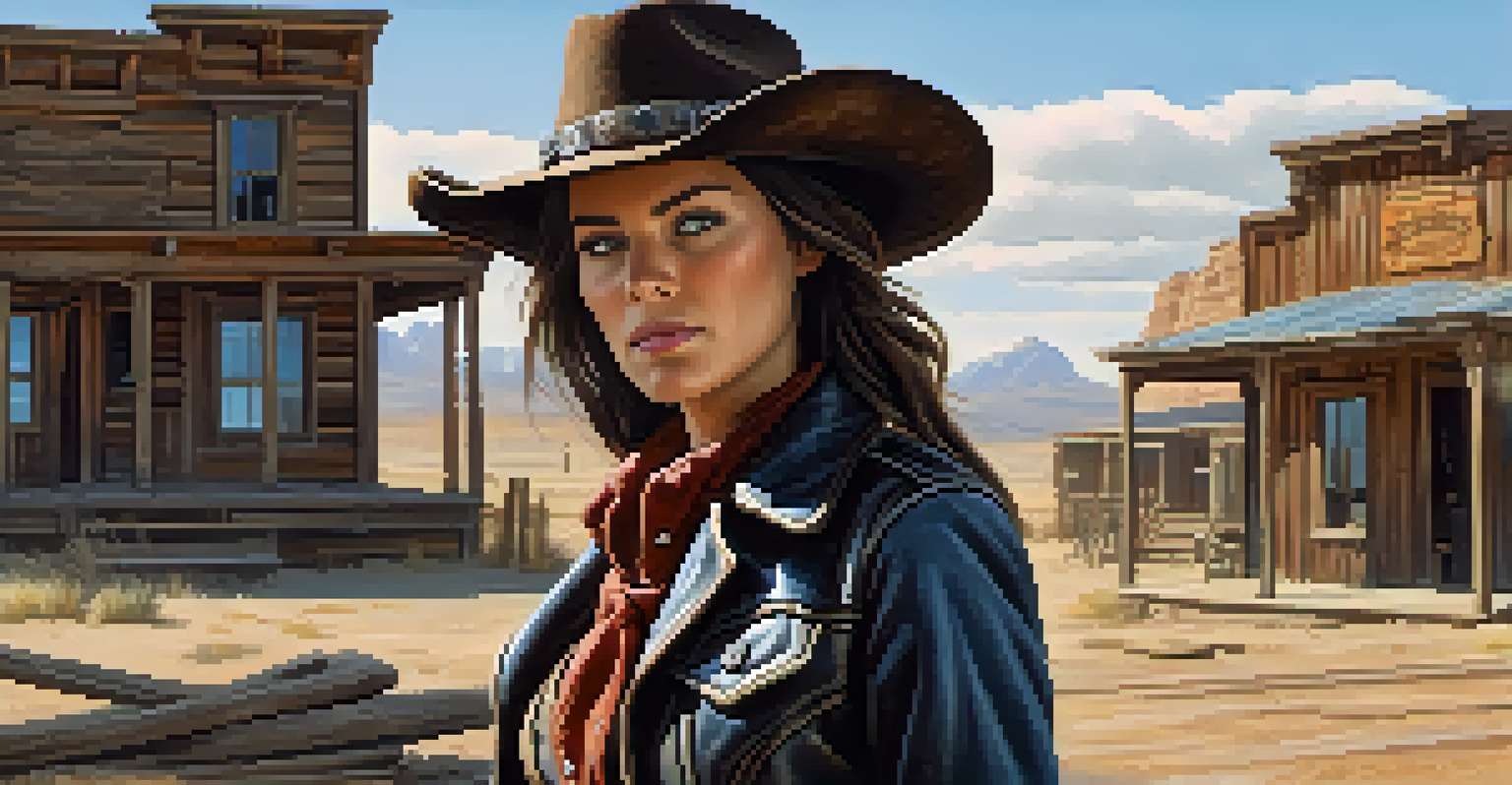 A female gunslinger standing confidently in a dusty Western town.
