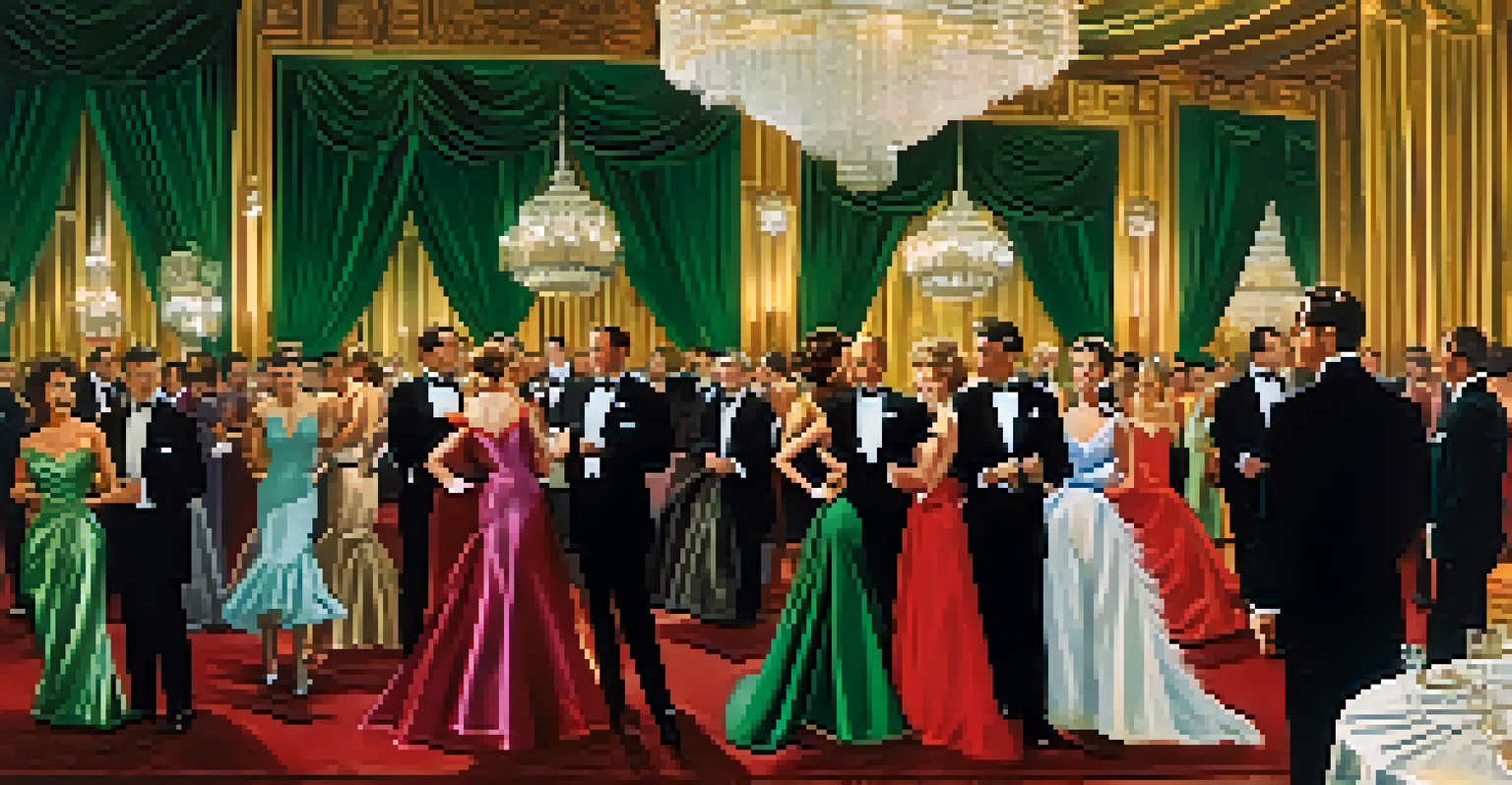 A glamorous 1960s Hollywood costume party with elegantly dressed guests in a lavish ballroom.