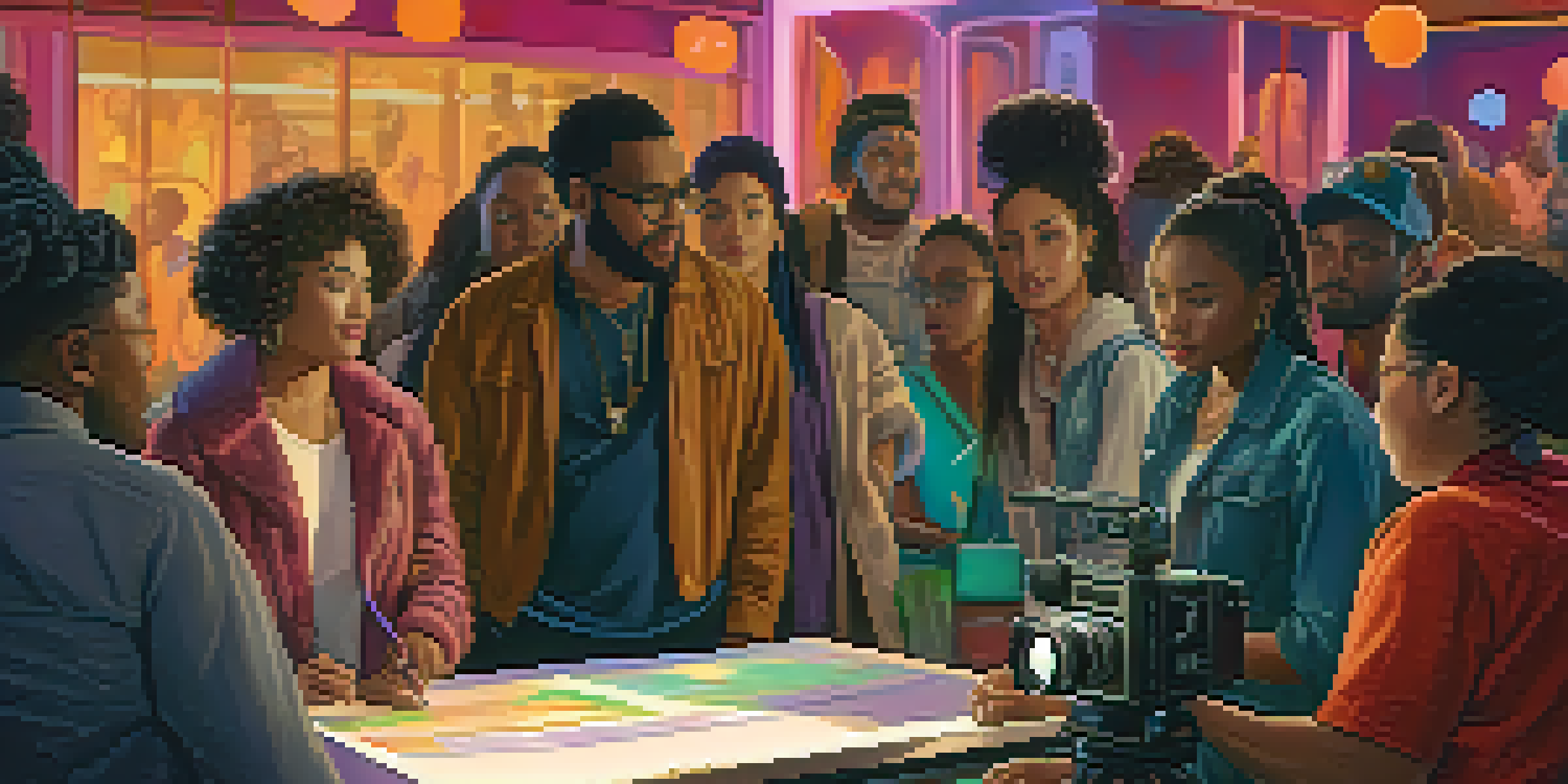A busy film set with diverse filmmakers, including women and people of color, discussing a scene together among colorful lights and equipment.