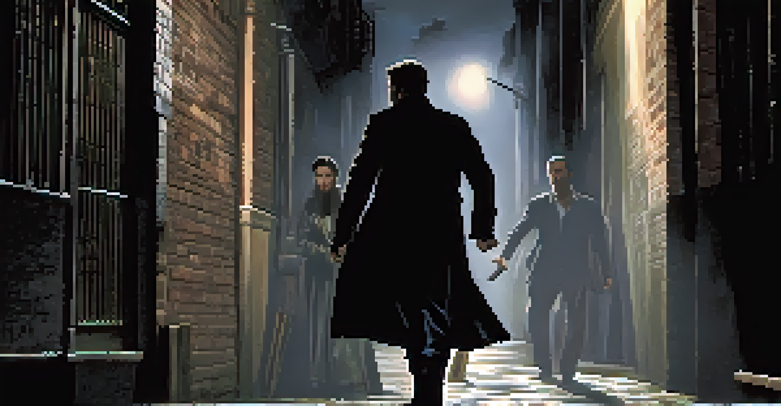 A tense confrontation between a character and a villain in a dimly lit alley, with the focus on their expressions and the background blurred.